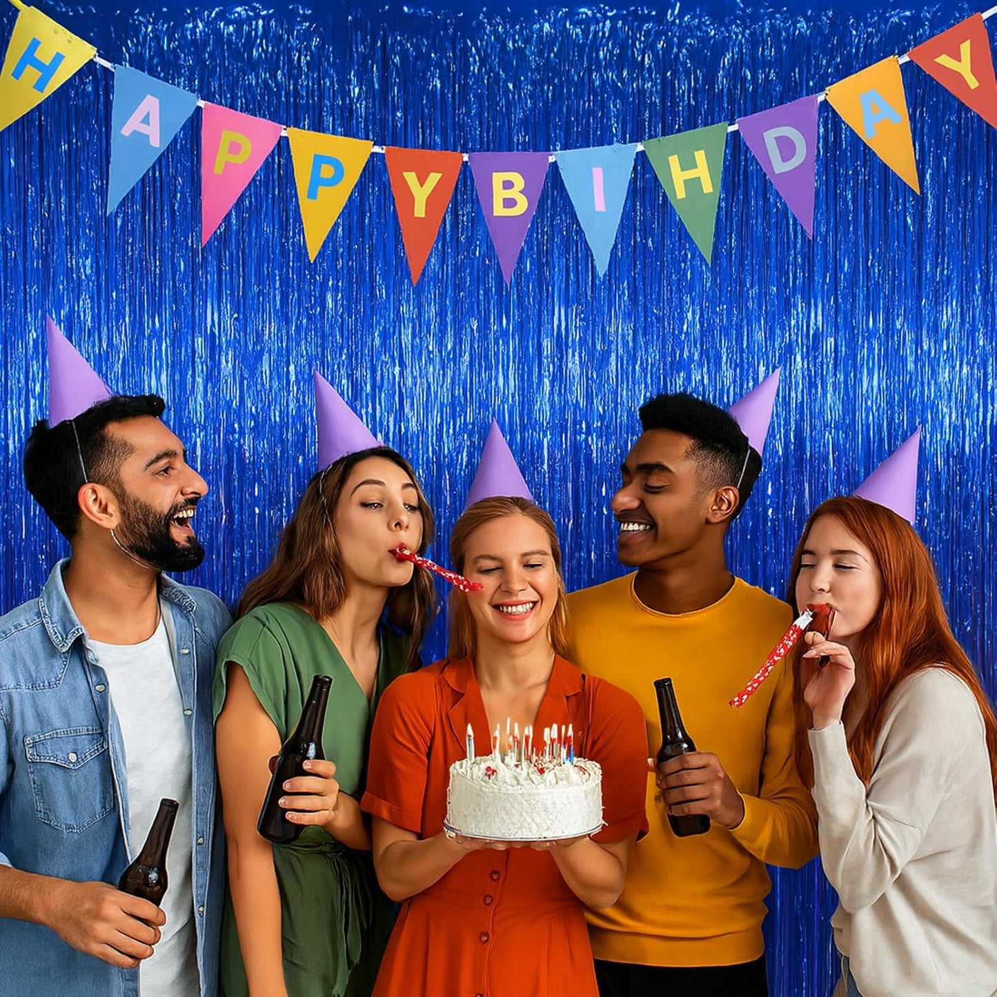 Voircoloria Blue Foil Fringe Backdrop Curtains - 3 Pack Tinsel Streamers for Parties & Events | 3.3x8.2 Feet