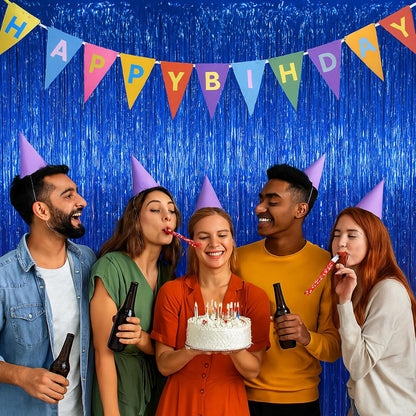 Voircoloria Blue Foil Fringe Backdrop Curtains - 3 Pack Tinsel Streamers for Parties & Events | 3.3x8.2 Feet