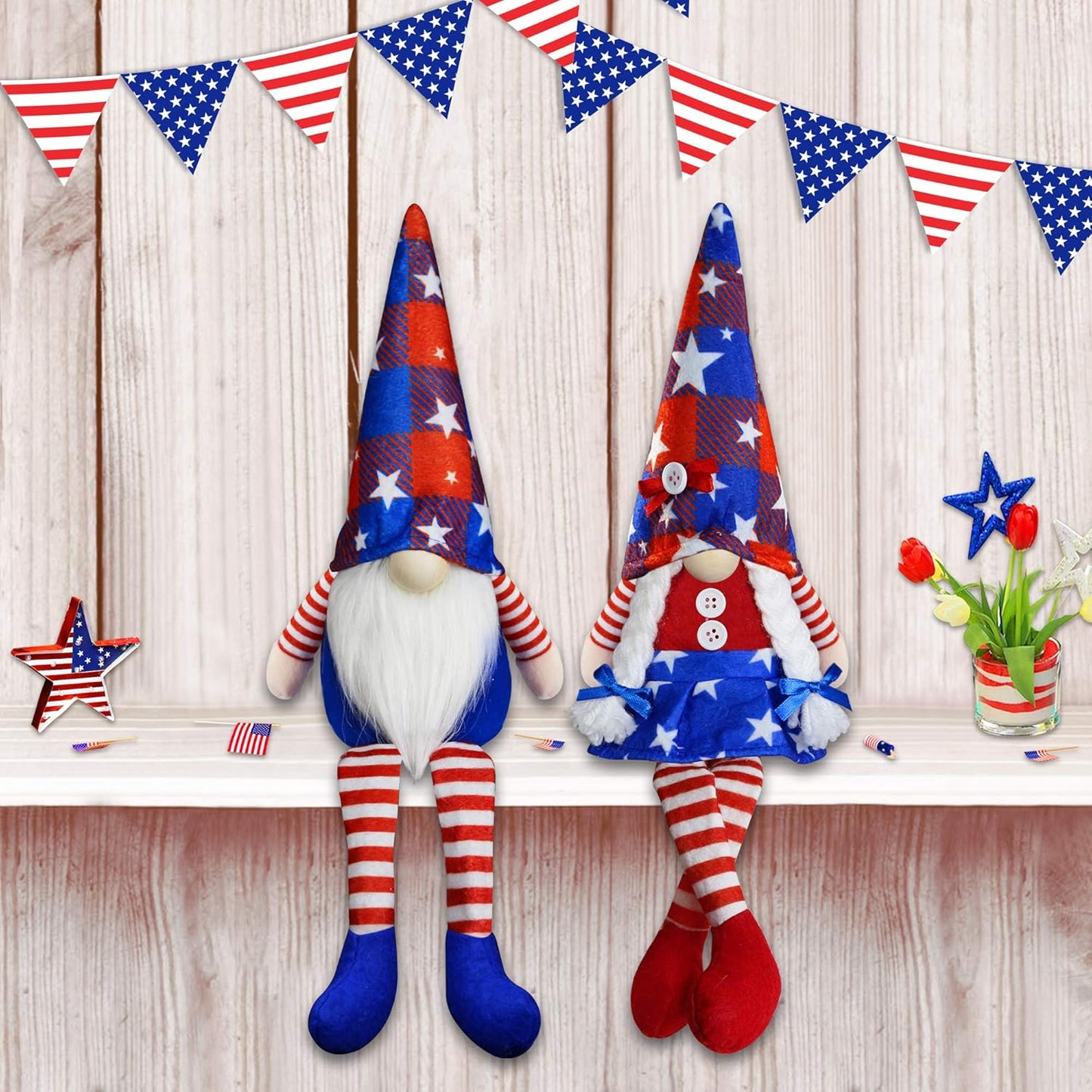 Skiennix 4th of July Gnomes | Handmade Plush Mr & Mrs Swedish Tomte Decorations for Patriotic Celebrations