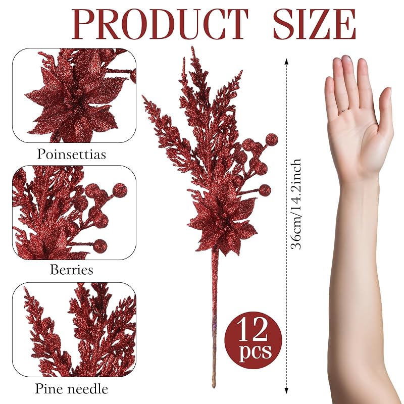 12 Pcs Glitter Christmas Picks Decoration Spray Pine - Burgundy (Variation: Burgundy)