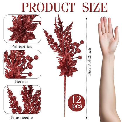 12 Pcs Glitter Christmas Picks Decoration Spray Pine - Burgundy (Variation: Burgundy)