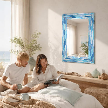 Head West Blues2 24 x 30 Frameless Mosaic Vanity Mirror - Reeded Tile-Print Rectangle Wall Mirror