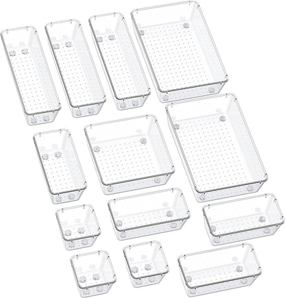 SMARTAKE 13-Piece Drawer Organizers - Non-Slip Silicone Pads for Makeup, Jewelry & Utensils | Clear Storage Trays