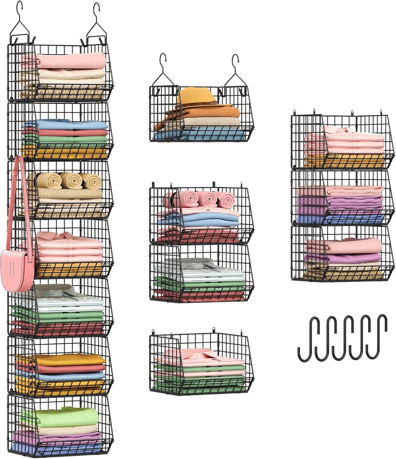 X-cosrack 7-Tier Foldable Hanging Closet Organizer - Wire Shelving with 4 Large Hooks & 5 S Hooks for Clothes & Handbags
