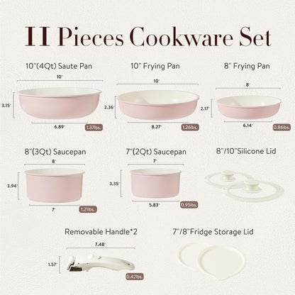 CAROTE 11pcs Pots and Pans Set, Nonstick Cookware Sets Detachable Handle, Induction Kitchen Cookware Set Non Stick with Removable Handle, Oven Safe, RV Cookware Set, Pink Granite