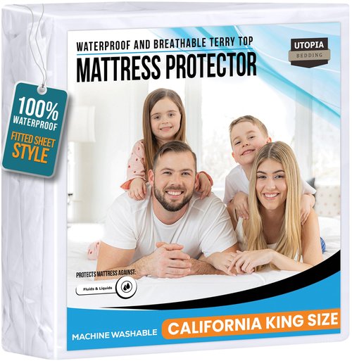 California King Size Mattress Protector Waterproof, Premium 200 GSM Terry Mattress Cover, Soft & Breathable Bed Cover, Fitted Sheet Style Stretchable Deep Pockets 17" by Utopia Bedding (White)
