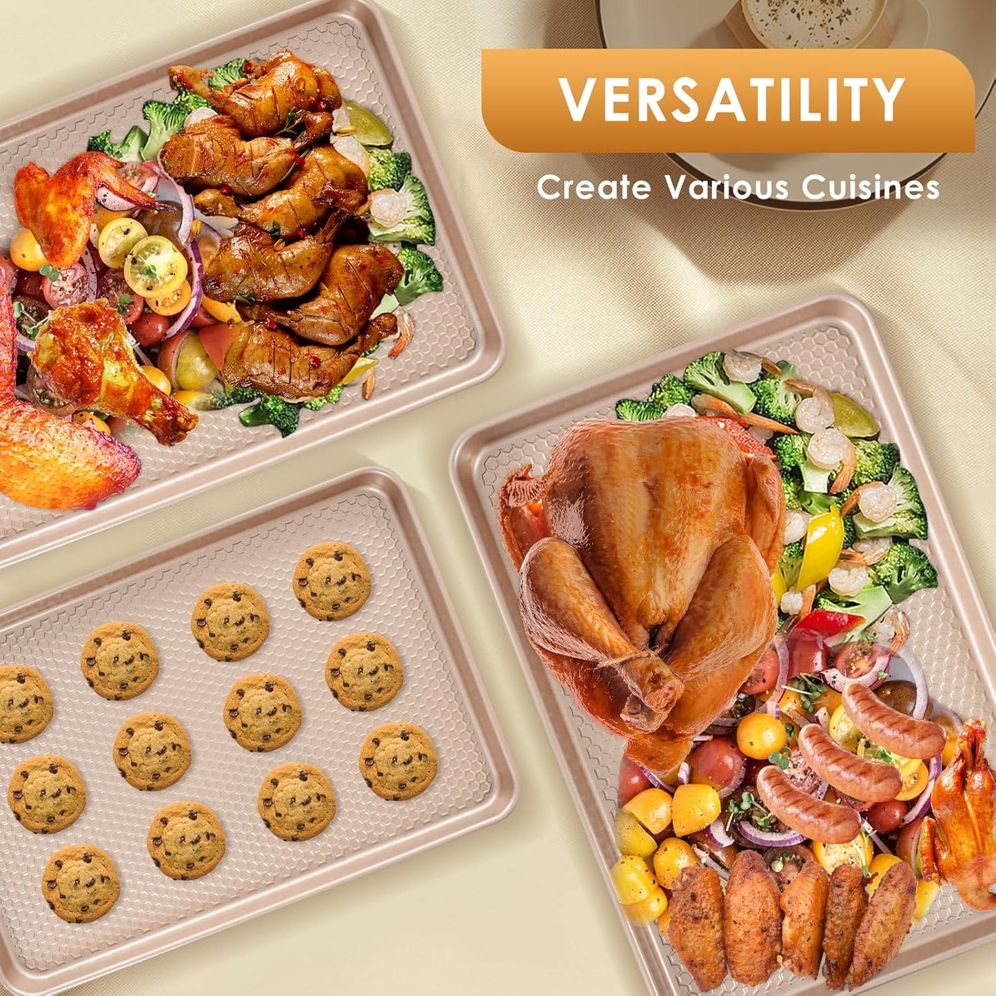 Skiennix Nonstick Baking Sheet Pan Set - 3 Heavy-Duty Carbon Steel Cookie Sheets | Easy Clean Rose Gold