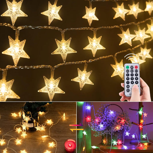 Minetom Star String Lights - 33 ft 100 LED Waterproof Fairy Lights with Remote & Timer | Warm White & Multicolor for Bedroom, Patio & Party Décor