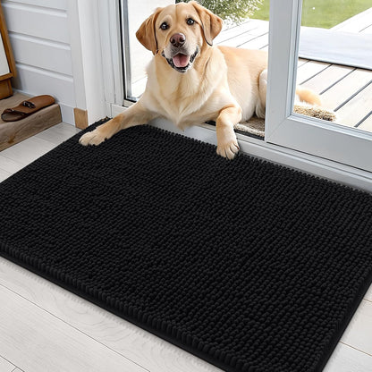 OLANLY Dog Door Mat - Absorbent Non-Slip Chenille Mat for Muddy Paws | 36x24, Quick Dry, Black