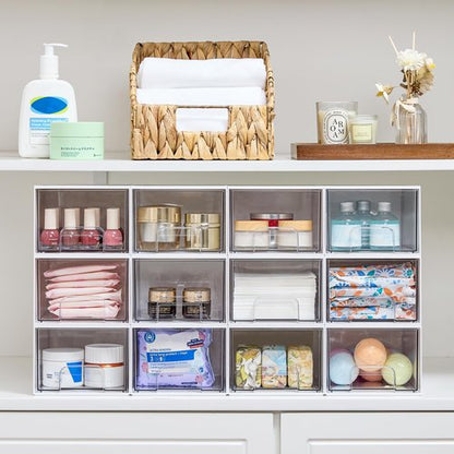 Vtopmart 4Pack Small Stackable Storage Drawers, Bathroom Makeup Organizer,Plastic Storage Bins For Vanity, Undersink, Kitchen Cabinets, Pantry, Home Organization(White)