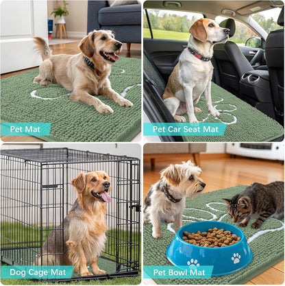 OLANLY Dog Door Mat - Absorbent Muddy Paws Doormat | Non-Slip Chenille, 30x20, Olive Green & White
