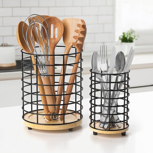 HBlife Utensil Holder for Kitchen Counter Set of 2 (7.4" & 5.8") Matte Black with Wooden Base, Cooking Utensil Organizer for Spatula, Kitchen Decor