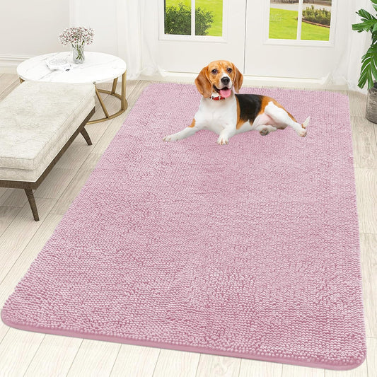 OLANLY Dog Door Mat - Absorbent Non-Slip Chenille Mud Mat for Muddy Paws | 59x35, Dusty Rose
