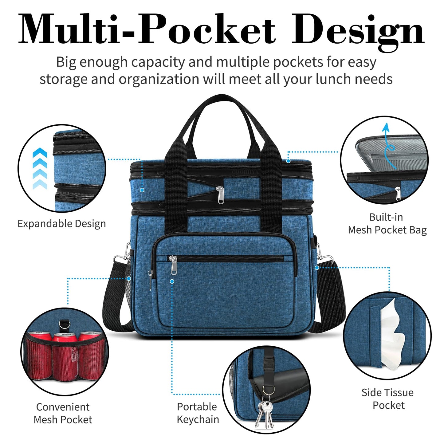 Lunch Box for Men,23L Expandable Insulated Large Cooler Lunch Box, Double Deck Leakproof Lunch Tote Bag with 4 Ice packs,2 Snack Bags, Shoulder Strap for Adult/Women,Work,Picnic,Camping-Blue