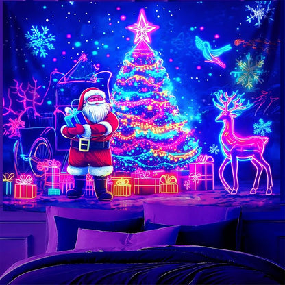 Merry Christmas Blacklight Tapestry – UV Reactive Wall Hanging, 79" x 59" Tree Design