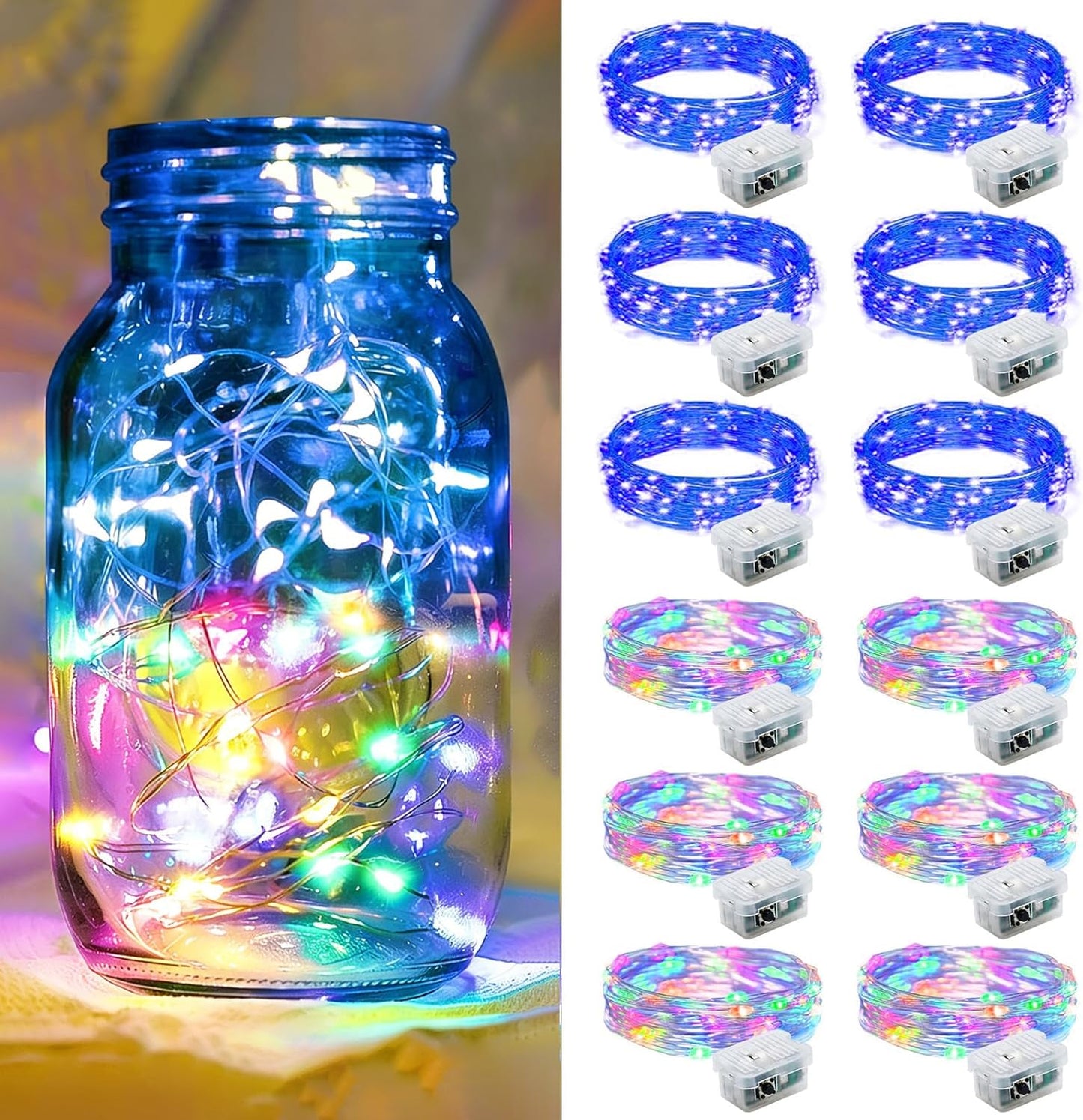 Skiennix 12 Pack Fairy Lights - 7Ft 20 LED Twinkle String Lights | Waterproof & Battery Operated for Parties, Weddings, and Holidays - Rainbow & Blue