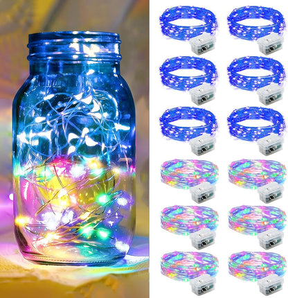 Skiennix 12 Pack Fairy Lights - 7Ft 20 LED Twinkle String Lights | Waterproof & Battery Operated for Parties, Weddings, and Holidays - Rainbow & Blue