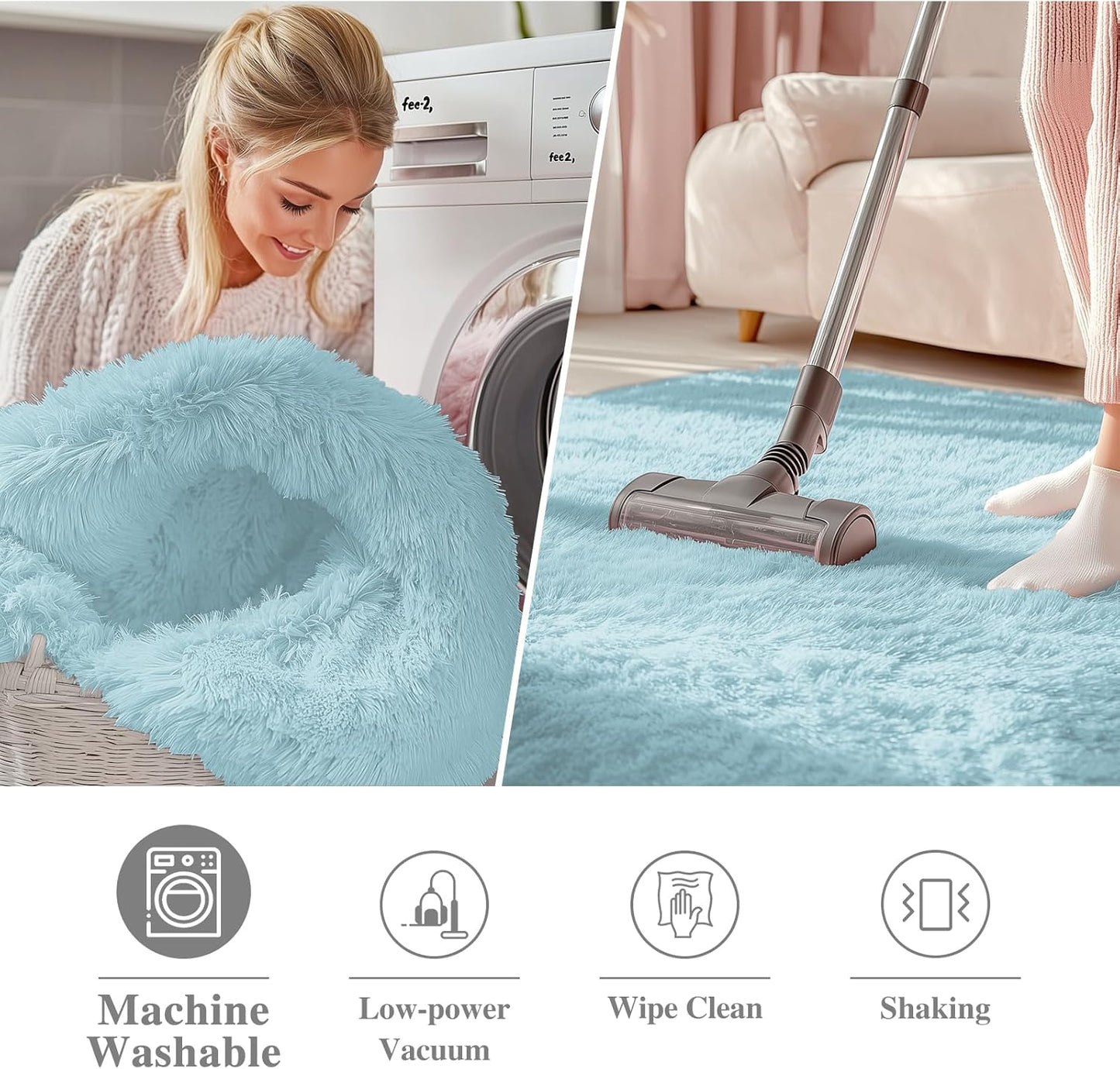 OLANLY Round Light Blue Area Rug - Soft, Fluffy, Machine Washable 9 ft Circle Carpet for Bedroom & Nursery Decor