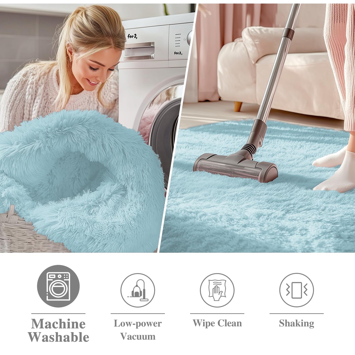 OLANLY Light Blue Round Rugs for Bedroom - Machine Washable, 7 ft Circle Area Rugs for Living Room, Soft and Fluffy Shaggy Carpet for Teen Girl and Boys, Nursery Rooms, Dorms, Home Decor Aesthetic