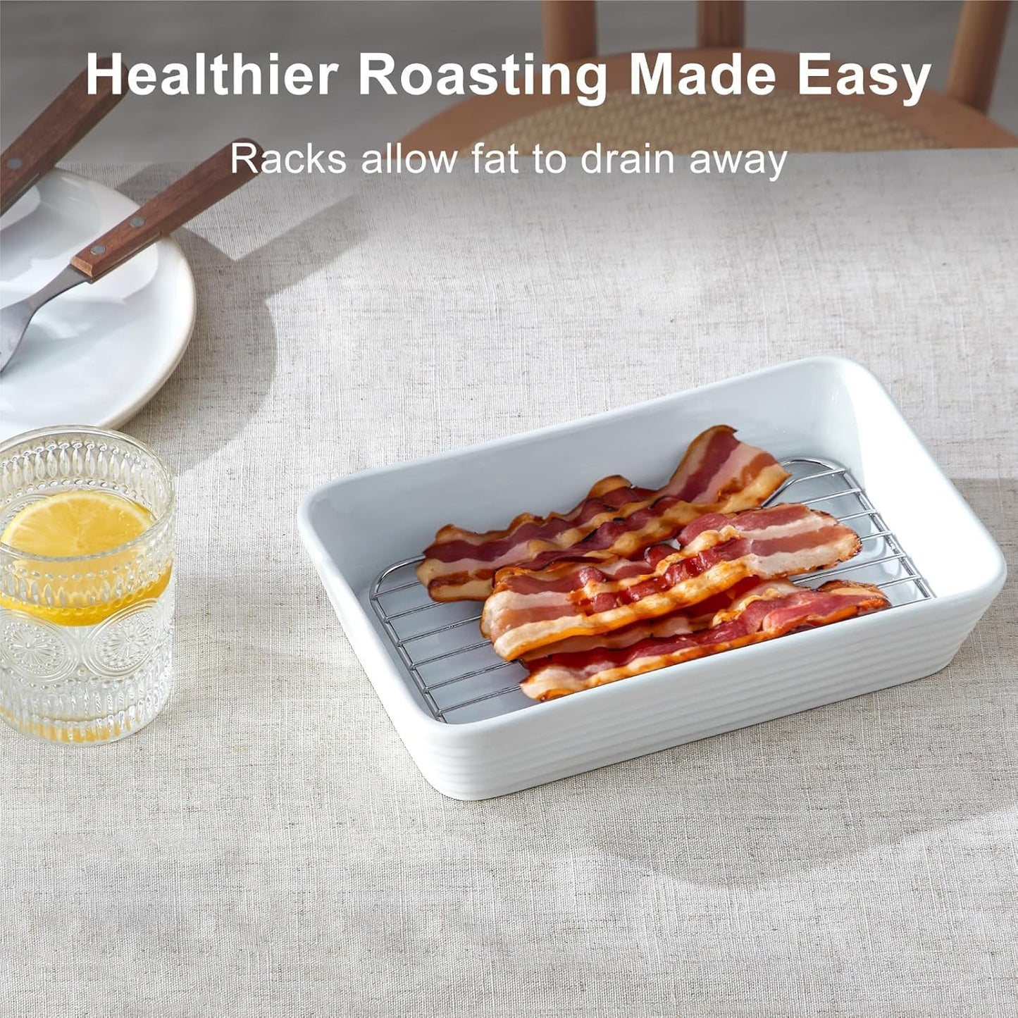 ONEMORE Baking Dishes Set - Large 9x13 Rectangular Ceramic Casserole Dishes with Roasting Racks | 3QT, 2.1QT, 1.3QT