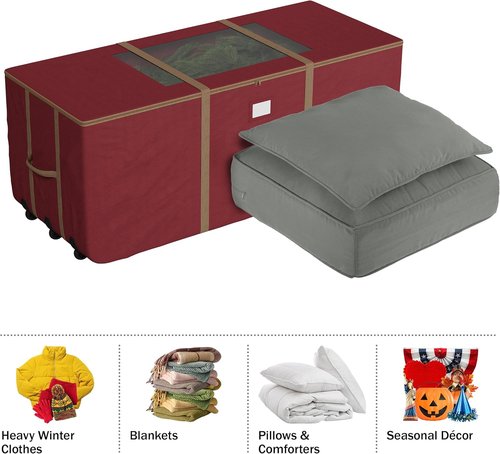 Elf Stor Christmas Tree Storage Tote - Rolling Container for 9-Foot Faux Trees & Holiday Decor | Red