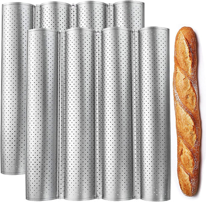 Fasmov 2 Pack Baguette Pan, 15" x 13"French Bread Baking Pan Nonstick Perforated Baguette Pan 4 Wave Loaves Loaf Bake Mold Toast Cooking Bakers Molding, Silver