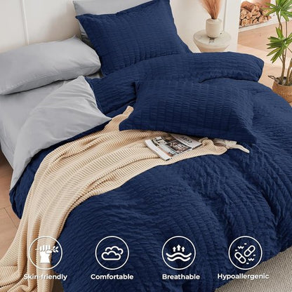 HYMOKEGE Comforter Set - Luxury 7-Piece All-Season Bedding in Navy Blue & Light Grey | Full Size