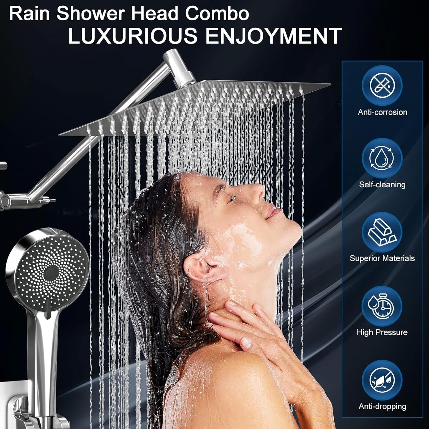 Regine Switzerland Rain Shower Head - 10 Inch High Pressure Dual Showerhead Set with Handheld Spray & Extension Arm | Silver