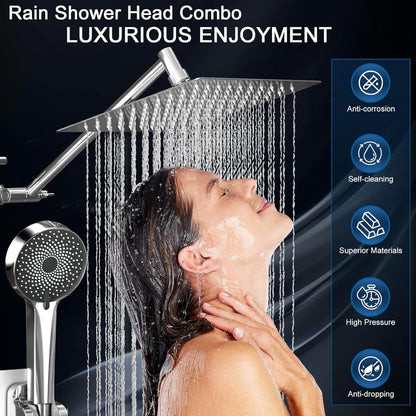 Regine Switzerland Rain Shower Head - 10 Inch High Pressure Dual Showerhead Set with Handheld Spray & Extension Arm | Silver