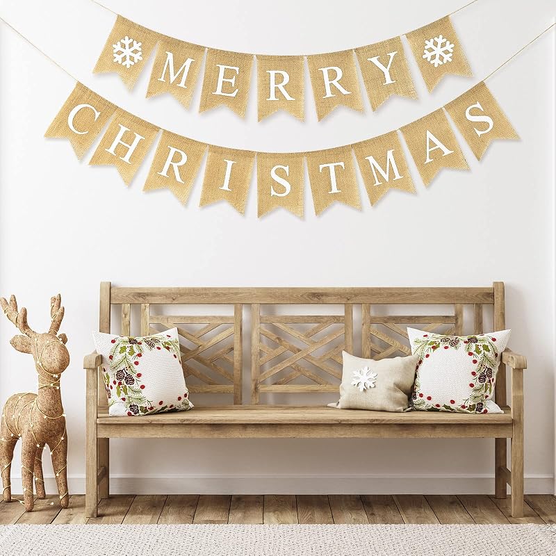 Merry Christmas Burlap Banner Set - 16 Pcs Pre-Assembled Snowflake Garlands