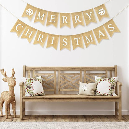 Merry Christmas Burlap Banner Set - 16 Pcs Pre-Assembled Snowflake Garlands