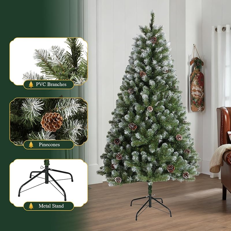 6ft Pre-Lit Artificial Christmas Tree with 250 Warm White Lights, 705 Snow-Dusted Tips & 51 Pine Cones