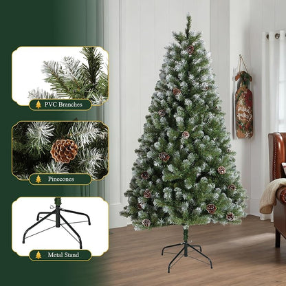6ft Pre-Lit Artificial Christmas Tree with 250 Warm White Lights, 705 Snow-Dusted Tips & 51 Pine Cones