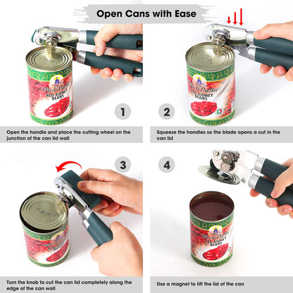 Can Opener Manual with Magnet and Sharp Blade Smooth Edge, Handheld Openers with Big Effort-Saving Knob, Can Opener with Multifunctional Bottles Opener, Green