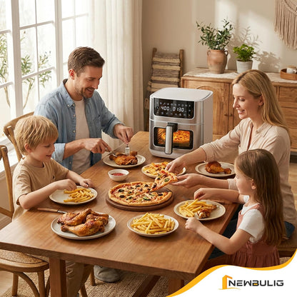 NEWBULIG Air Fryer - 6.34QT with Visible Window & Fast Heating - 8-in-1 Cooking Presets, Stainless Steel, White
