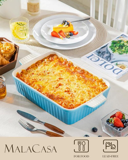 MALACASA 4.4 QT Baking Dish - Large 9x13 Ceramic Casserole Pan with Handles - Microwave Safe, Blue