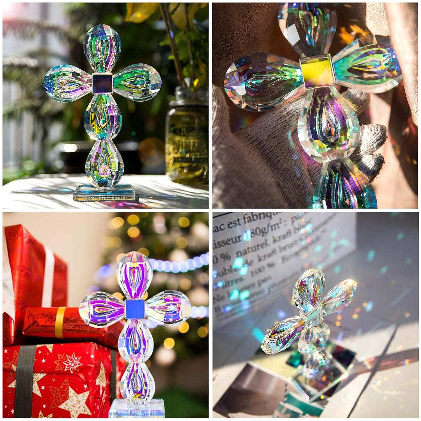 QFkris Crystal Standing Cross Figurine - Elegant 8.5-Inch Glass Tabletop Decor Gift for Women