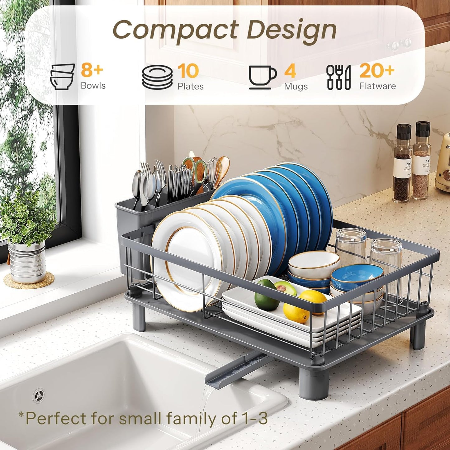 SNTD Dish Drying Rack - Stainless Steel Kitchen Counter Rack with Utensil Holder | 11" W x 15" L (Grey)