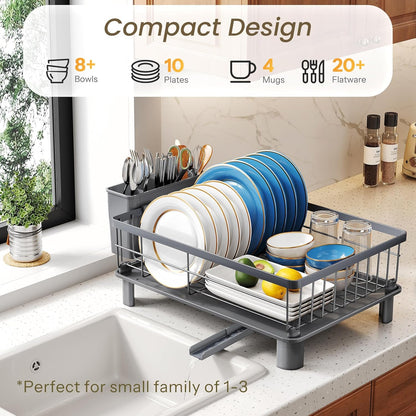 SNTD Dish Drying Rack - Stainless Steel Kitchen Counter Rack with Utensil Holder | 11" W x 15" L (Grey)