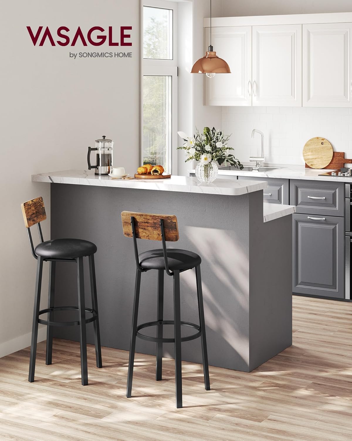 VASAGLE Bar Stools - Set of 2 PU Upholstered Breakfast Stools with Back & Footrest | Rustic Brown & Black, 29.7 Inches
