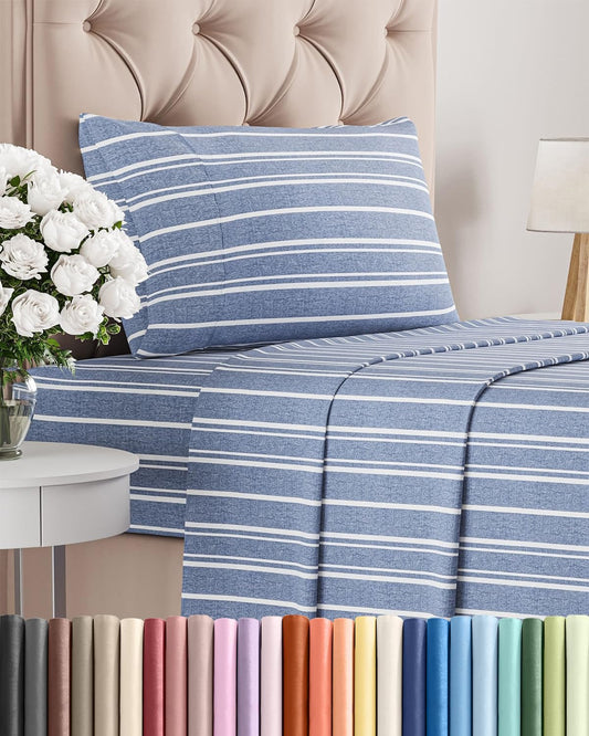 Skiennix Twin Size Sheet Set - Comfy, Breathable & Cooling Bedding - Luxury Hotel Quality - Deep Pockets, Soft, Wrinkle-Free - Blue Stripes
