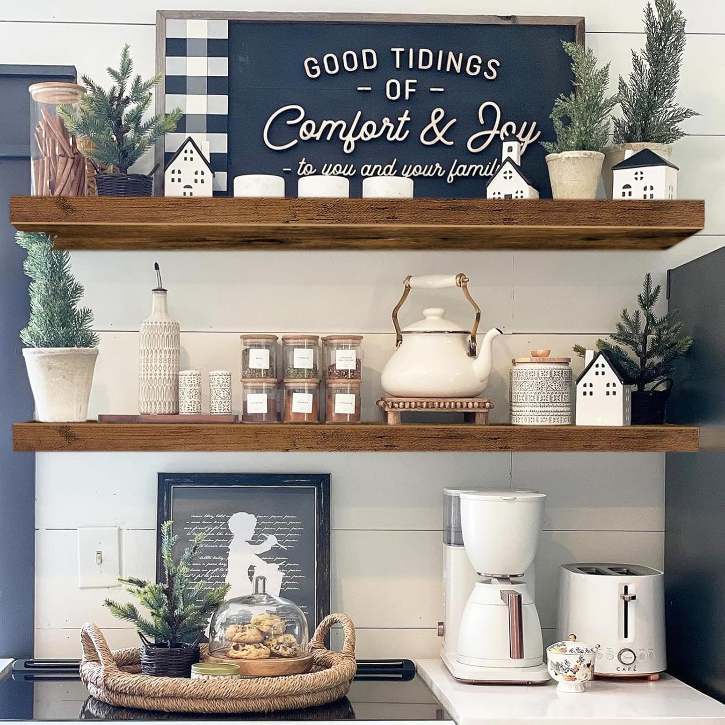 QEEIG Floating Shelves - Rustic Brown Wall Mounted Shelf Set of 2 | 39.4" Long for Home Decor & Display