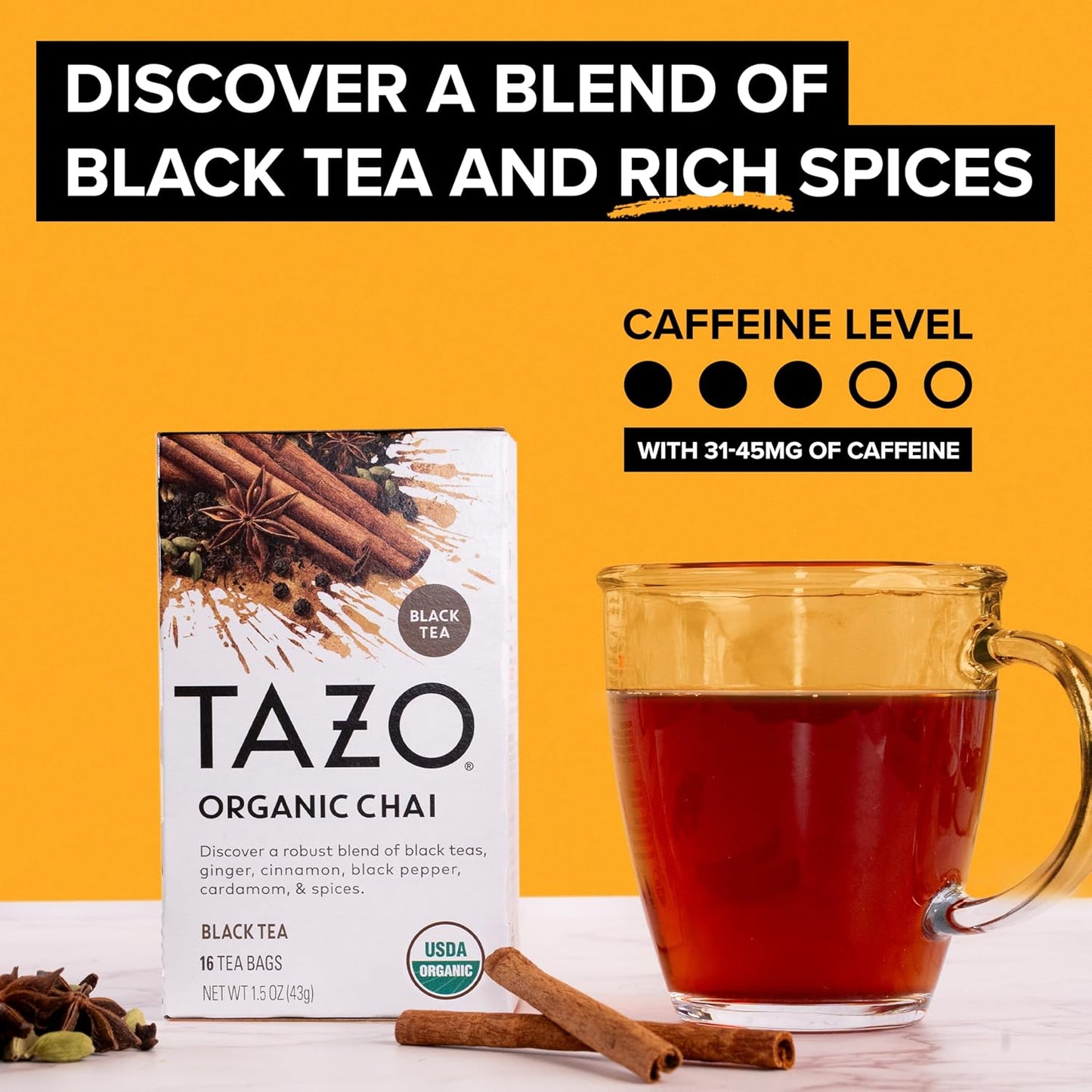 TAZO Organic Chai Black Tea Bags - Spicy Blend of Black Teas, Ginger & Cinnamon | 96 Total Bags (16ct x 6)