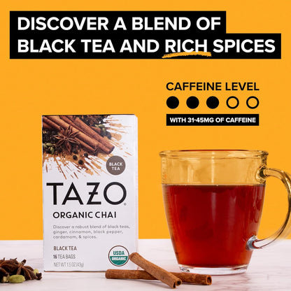 TAZO Organic Chai Black Tea Bags - Spicy Blend of Black Teas, Ginger & Cinnamon | 96 Total Bags (16ct x 6)