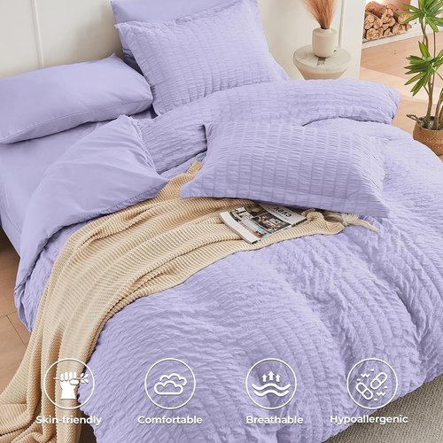 HYMOKEGE Comforter Set - Light Purple Seersucker Luxury Bedding | 7-Piece All-Season Bed in a Bag