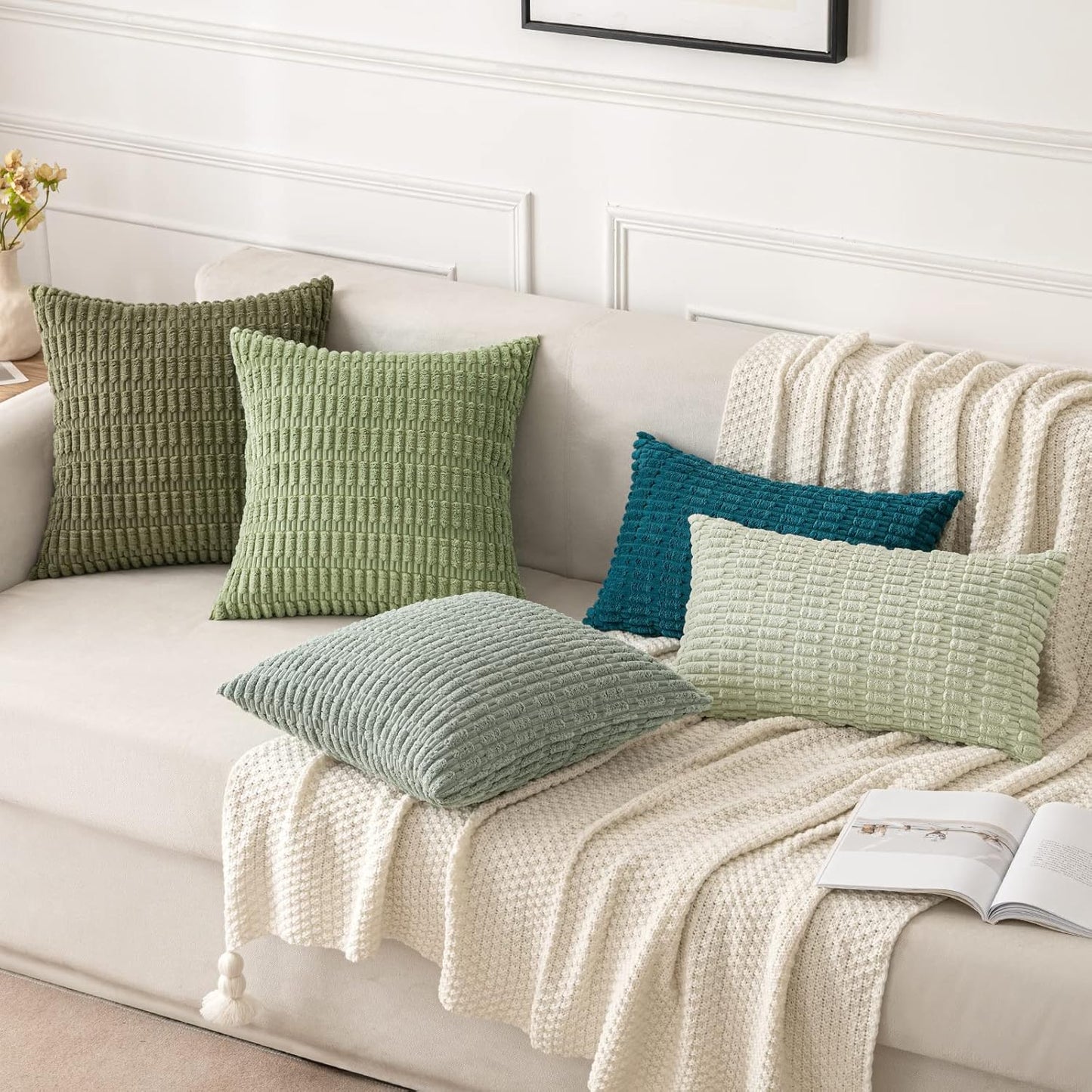 MIULEE Euro Sham Pillow Covers - Soft Boho Striped Corduroy | 24x24 Inch, Greyish Green, Set of 2