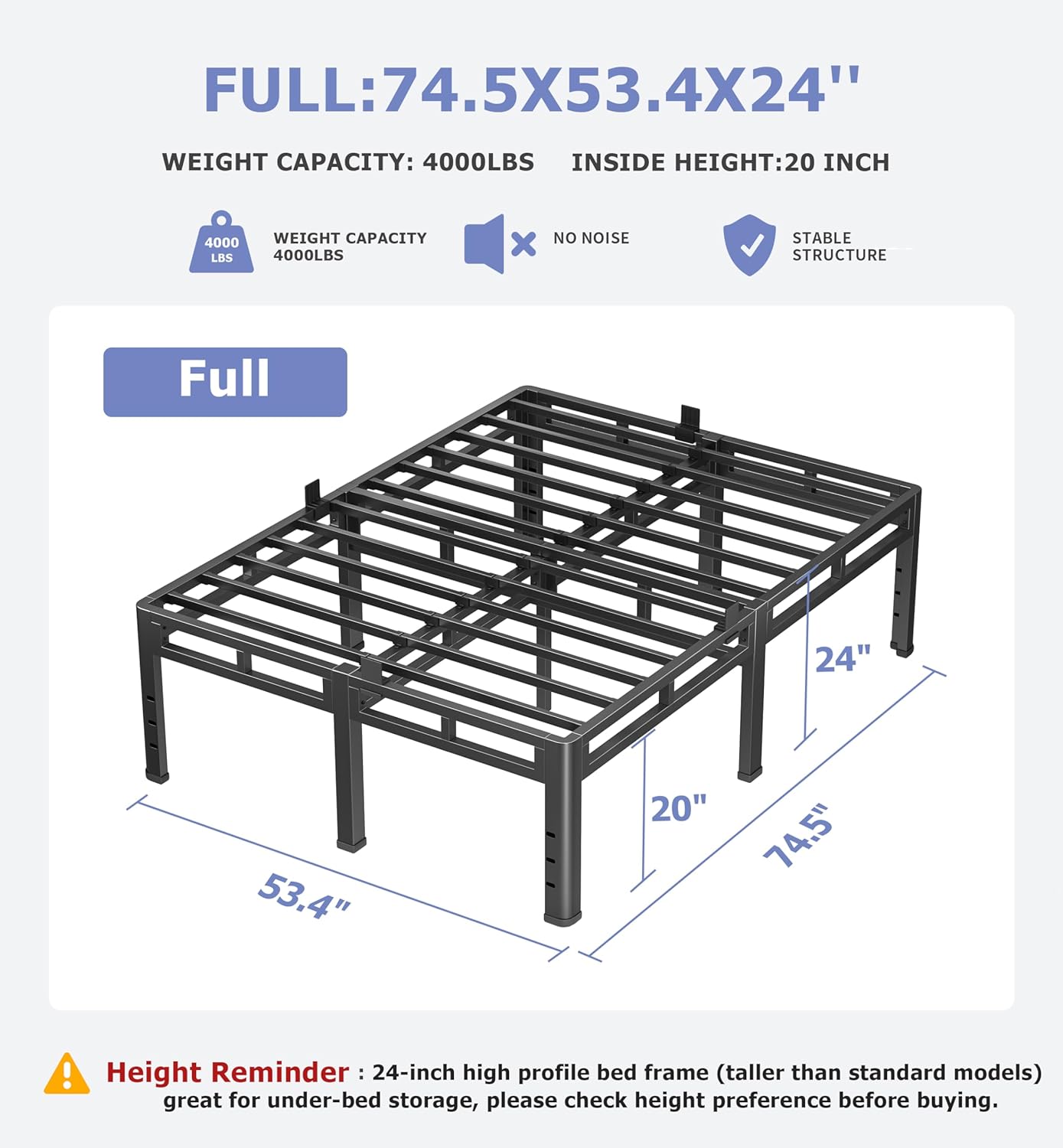 NKZ 24 Inch Full Size Bed Frame - Heavy Duty Metal Platform with Round Corner Legs & Noise-Free Design