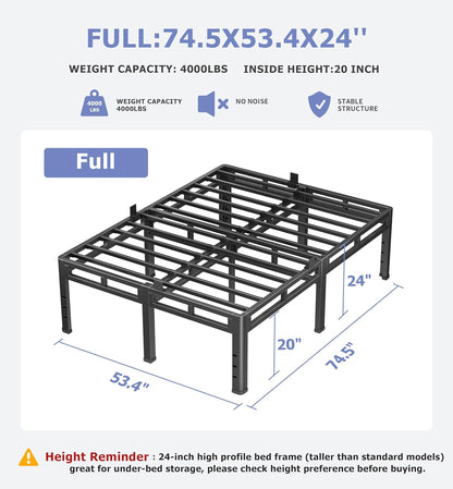 NKZ 24 Inch Full Size Bed Frame - Heavy Duty Metal Platform with Round Corner Legs & Noise-Free Design