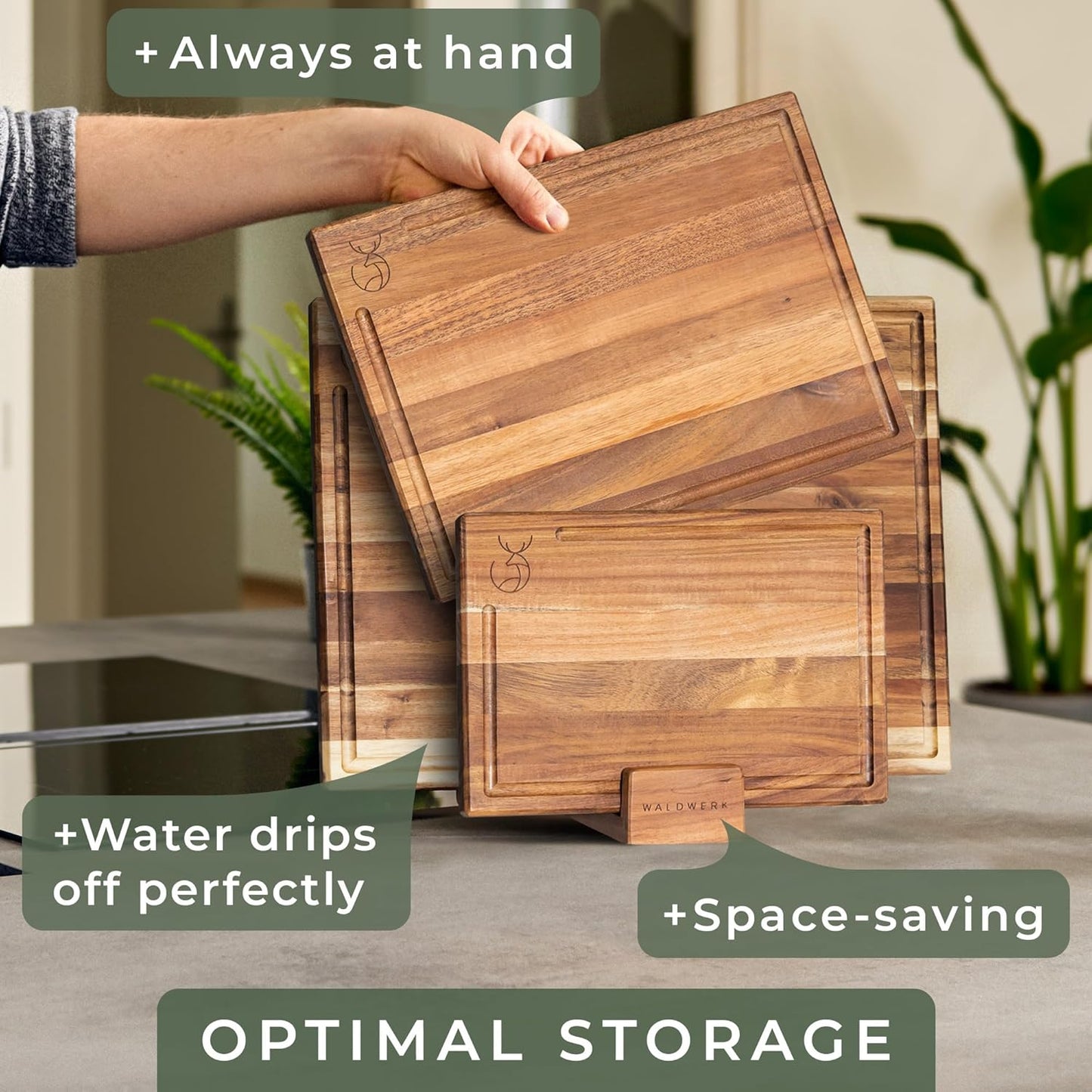 WALDWERK Cutting Board Set - Solid Acacia Wood Kitchen Boards | 15.75 x 12 in, 0.8 in Thick