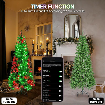 FANCILLUMA 6 ft Prelit Christmas Tree with 250 LED RGB Lights, App Remote Control, Green PVC Branches